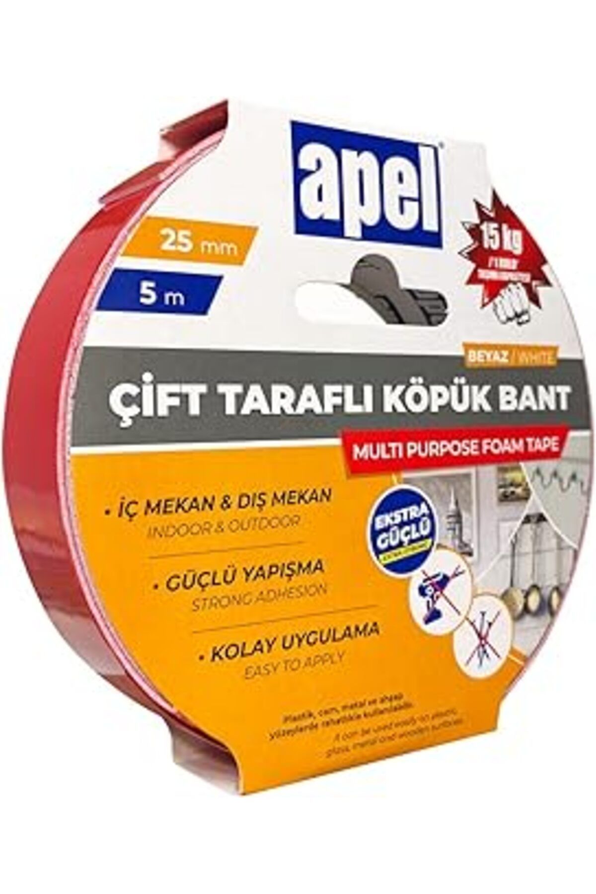 ebadi Apel Çift Taraflı Köpük Bant Askılı Karton 25 Mm X 5 M Beyaz