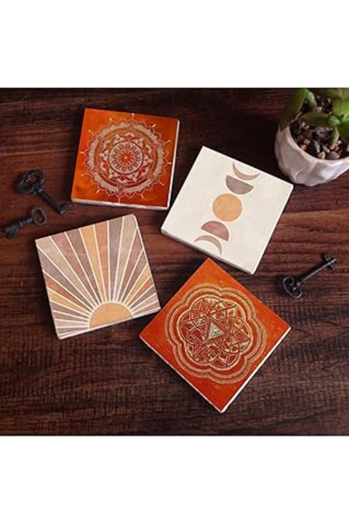 Mu Art Pinecone Minimalist Soyut, Sri Yantra, Mandala Taş Bardak Altlığı Seti - 4 Parça - Dekoratif, Rusti