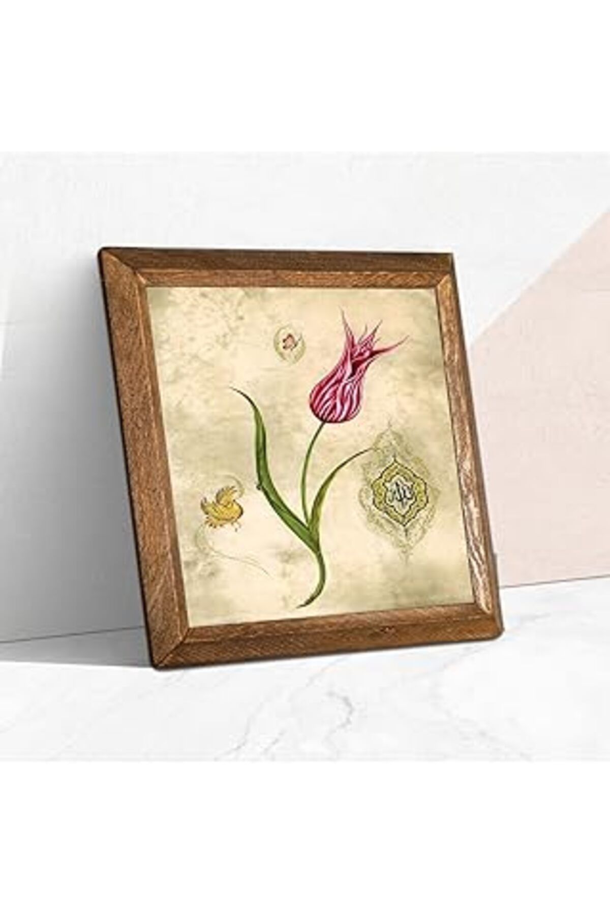 Pazarcan Pinecone Lale Ebru Sanatı Taş Duvar Tablosu - Ahşap Çerçeveli Taş Tablo - 25X25 Cm - Dekoratif Duva