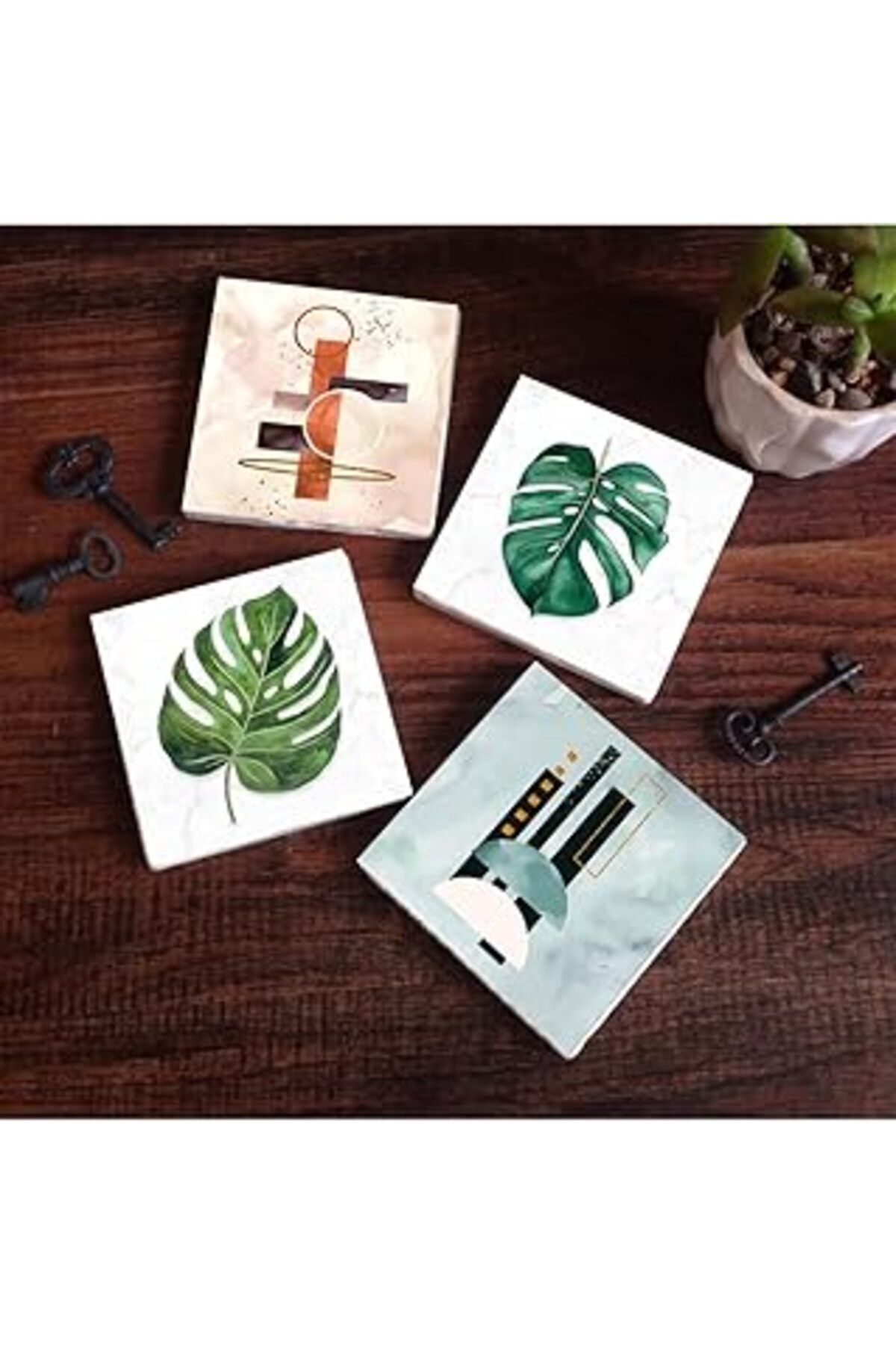 Mu Art Pinecone Minimalist Soyut, Yaprak Taş Bardak Altlığı Seti - 4 Parça - Dekoratif, Rustik Mutfak Akse