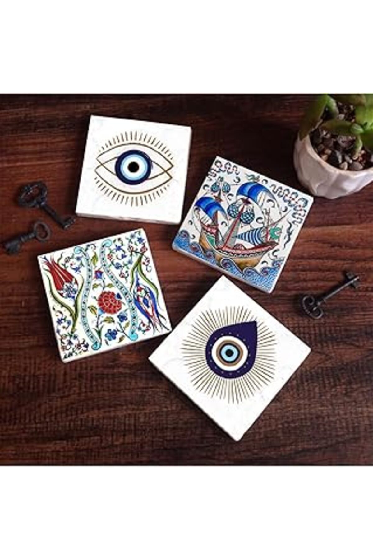 Mu Art Pinecone Nazar, Çini Sanatı Lale, Yelkenli Gemi Taş Bardak Altlığı Seti - 4 Parça - Dekoratif, Rust