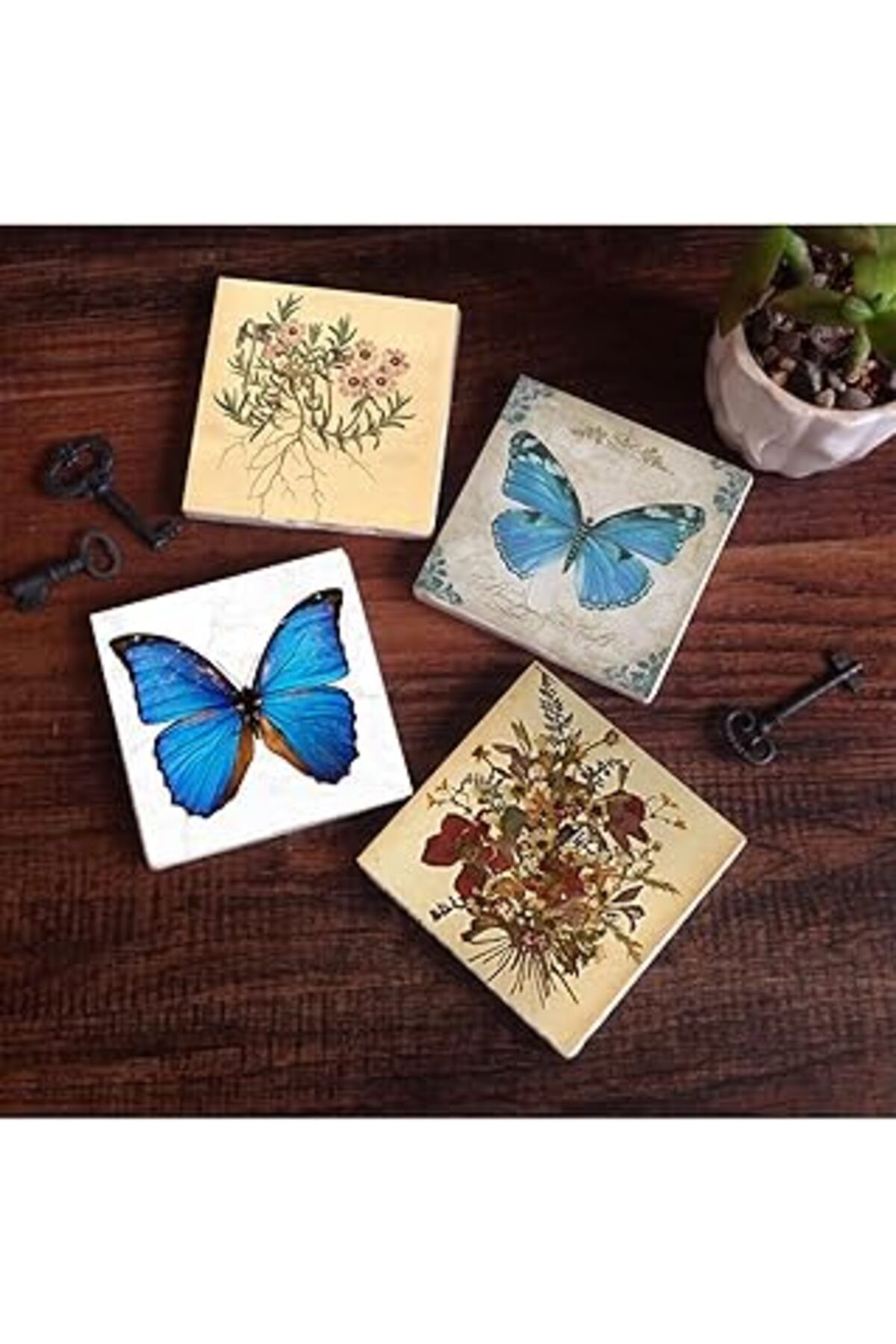 robotrend Pinecone Vintage Çiçek, Kelebek Taş Bardak Altlığı Seti - 4 Parça - Dekoratif, Rustik Mutfak Aksesu