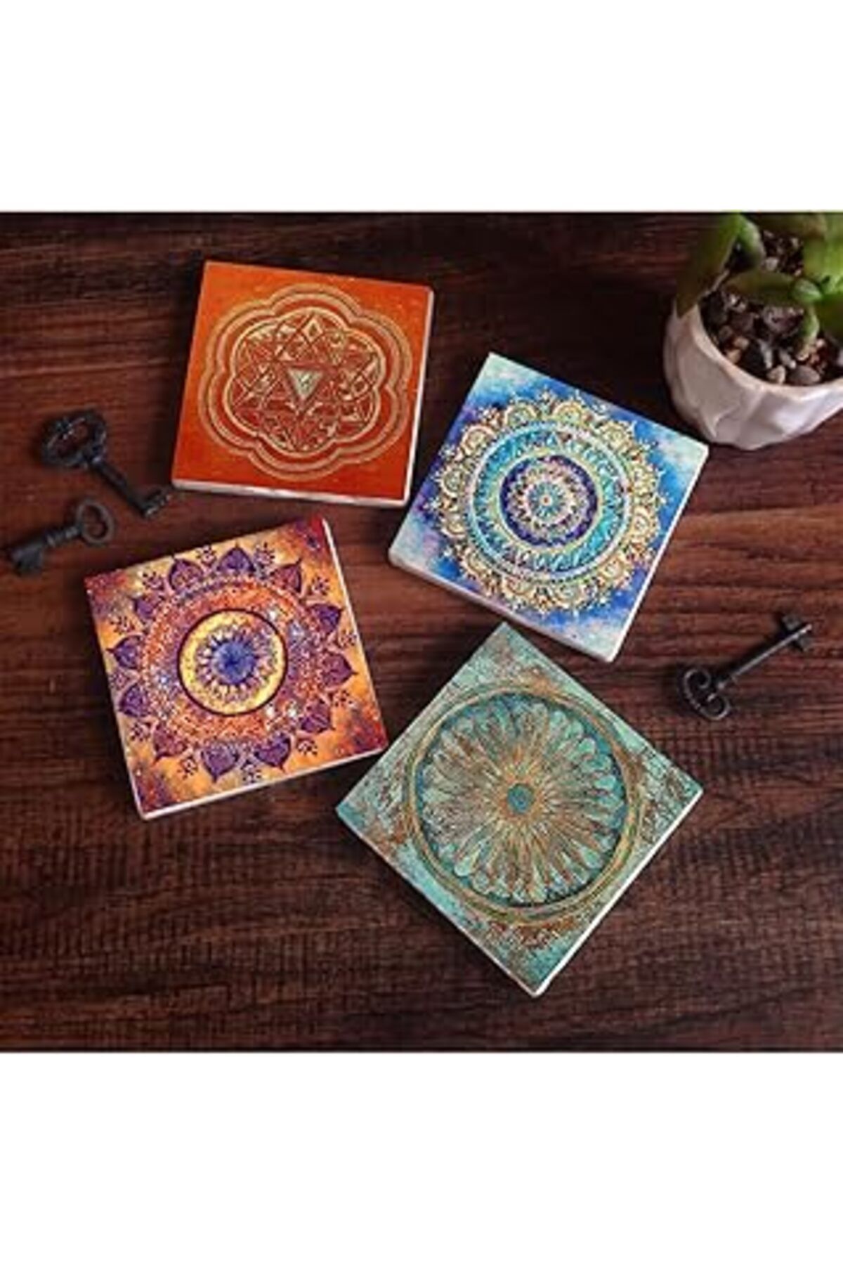 Mu Art Pinecone Mandala, Yaşam Çiçeği, Sri Yantra Taş Bardak Altlığı Seti - 4 Parça - Dekoratif, Rustik Mu