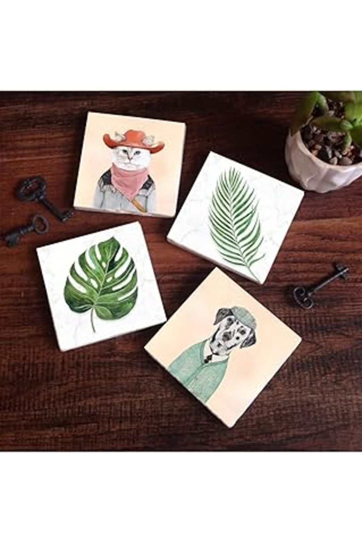 Pazarcan Pinecone Yaprak, Köpek, Taş Bardak Altlığı Seti - 4 Parça - Dekoratif, Rustik Mutfak Aksesuarı, 10X