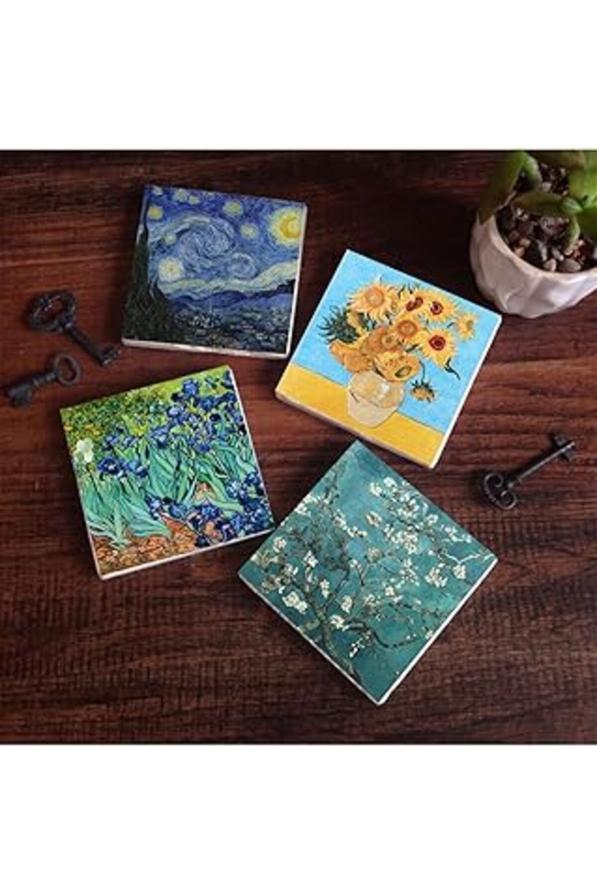 Mu Art Pinecone Van Gogh On İki Ayçiçekli Vazo, İrisler, Yıldızlı Gece, Badem Ağacı Taş Bardak Altlığı Set