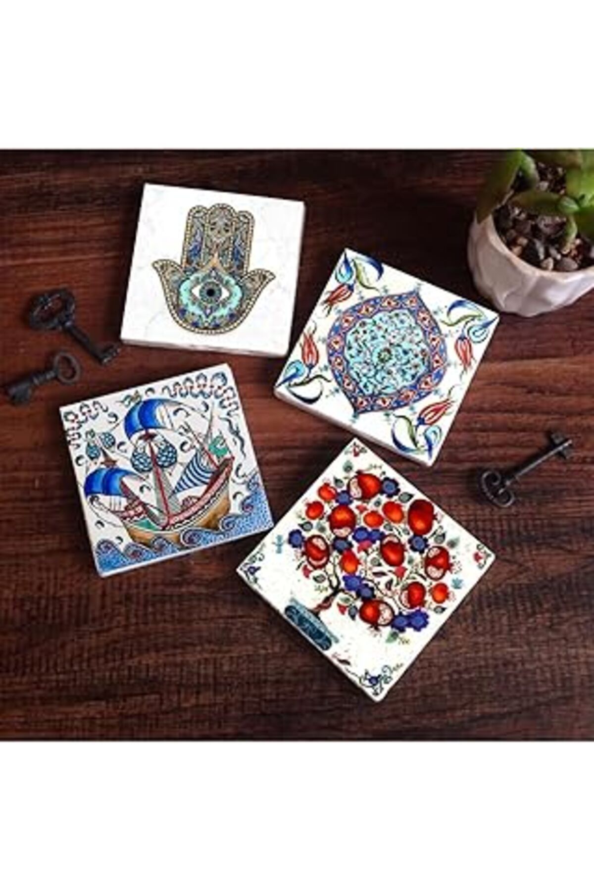 Mu Art Pinecone Çini Sanatı, Yelkenli Gemi, Nar Ağacı, Fatma Ana Eli (Hamsa) Taş Bardak Altlığı Seti - 4 P