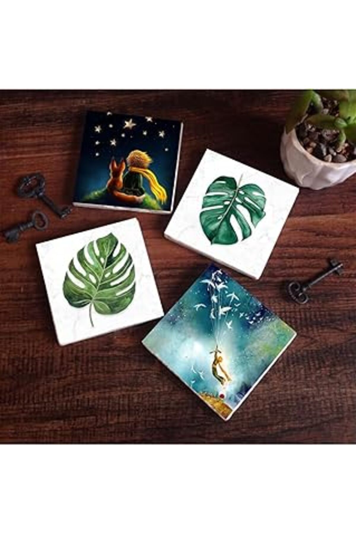 Mu Art Pinecone Küçük Prens, Yaprak Taş Bardak Altlığı Seti - 4 Parça - Dekoratif, Rustik Mutfak Aksesuarı