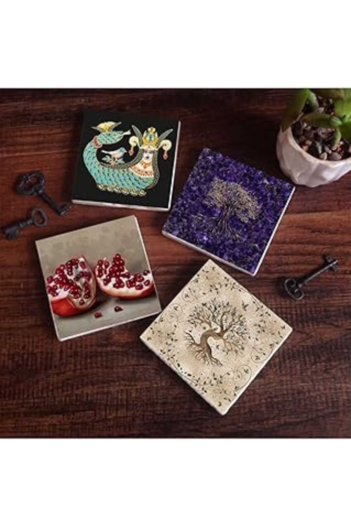 Mu Art Pinecone Şahmeran, Hayat Ağacı, Nar Taş Bardak Altlığı Seti - 4 Parça - Dekoratif, Rustik Mutfak Ak