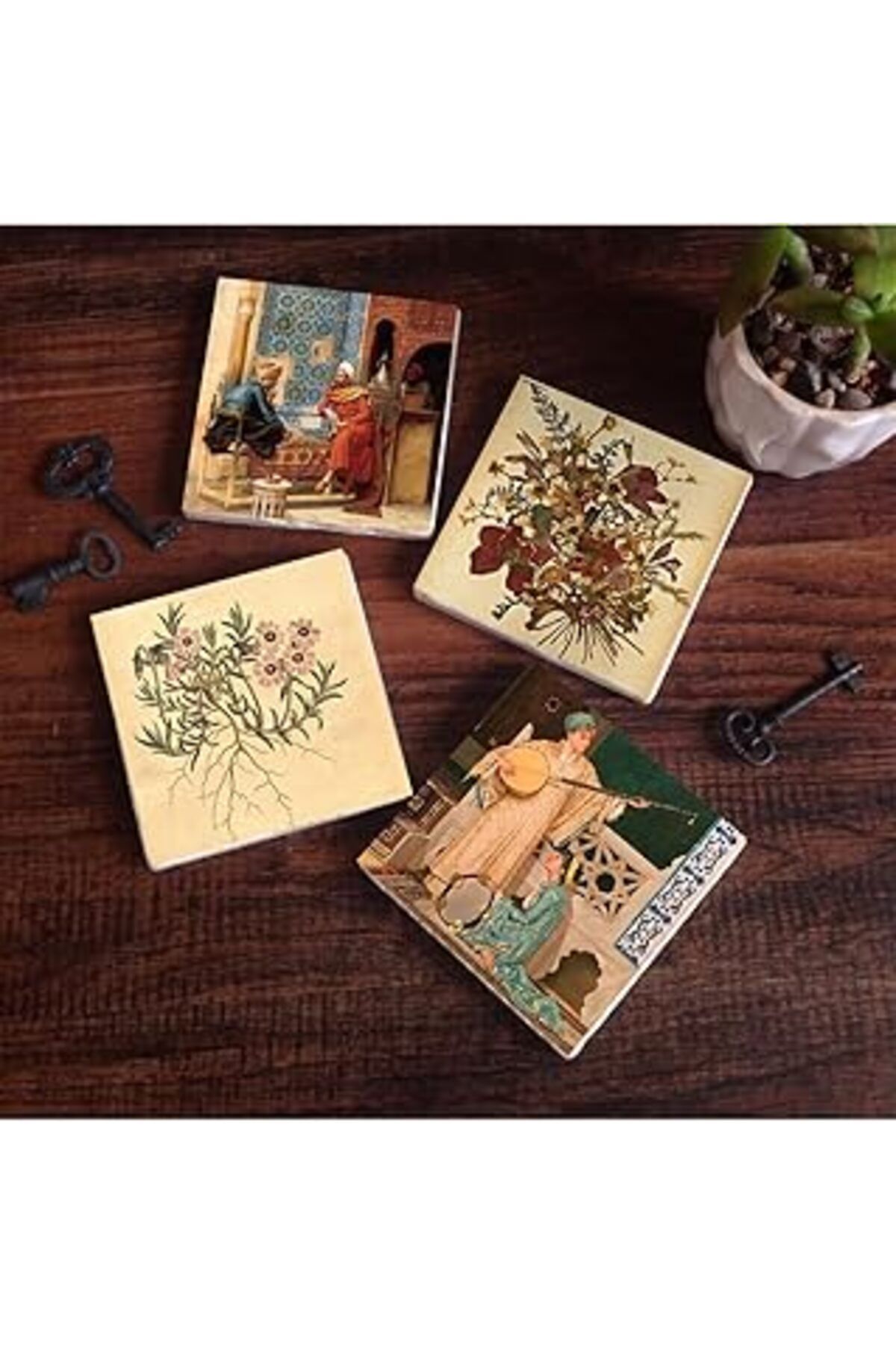 Mu Art Pinecone Vintage Çiçek, Satranç Oyunu, İki Müzisyen Kız Taş Bardak Altlığı Seti - 4 Parça - Dekorat