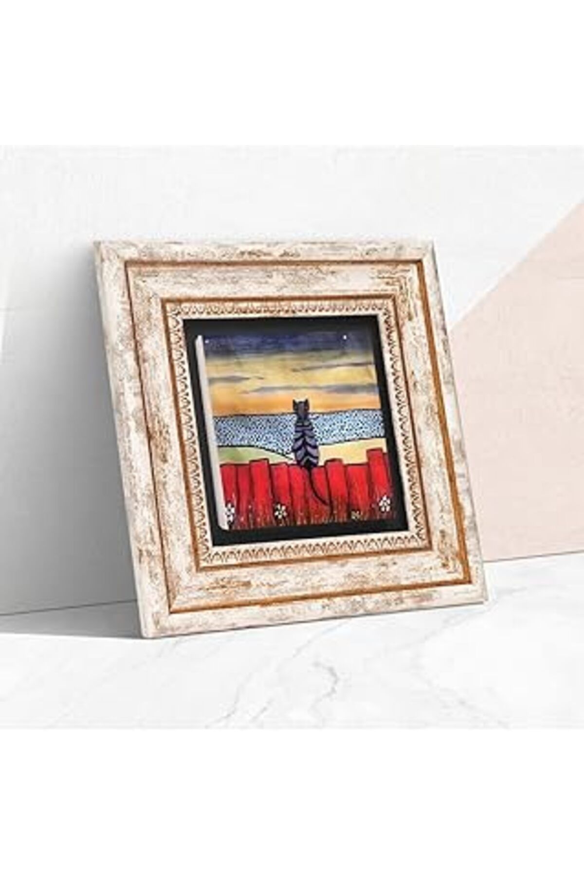 Pazarcan Pinecone Kedi Taş Duvar Tablosu - Çerçeveli Taş Tablo - Dekoratif Duvar Sanatı - Modern Ev Ve Ofis