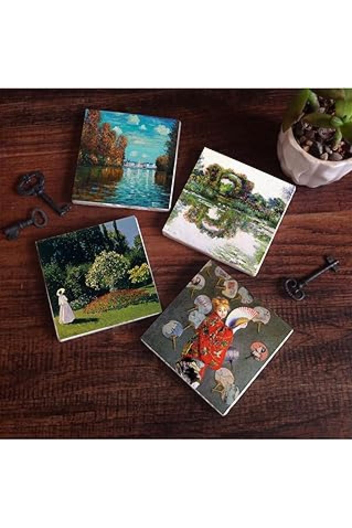 Mu Art Pinecone Claude Monet Sonbahar, Japon Kostümü, Gül Çiçekli Kemer, Bahçedeki Kadın Taş Bardak Altlığ
