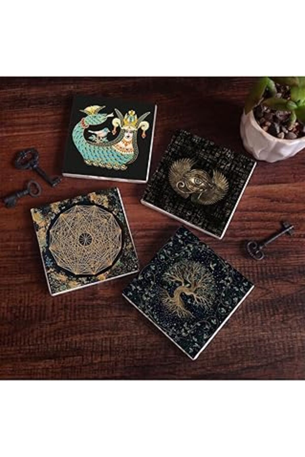 Mu Art Pinecone Horus'Un Gözü, Sri Yantra, Hayat Ağacı, Şahmeran Taş Bardak Altlığı Seti - 4 Parça - Dekor