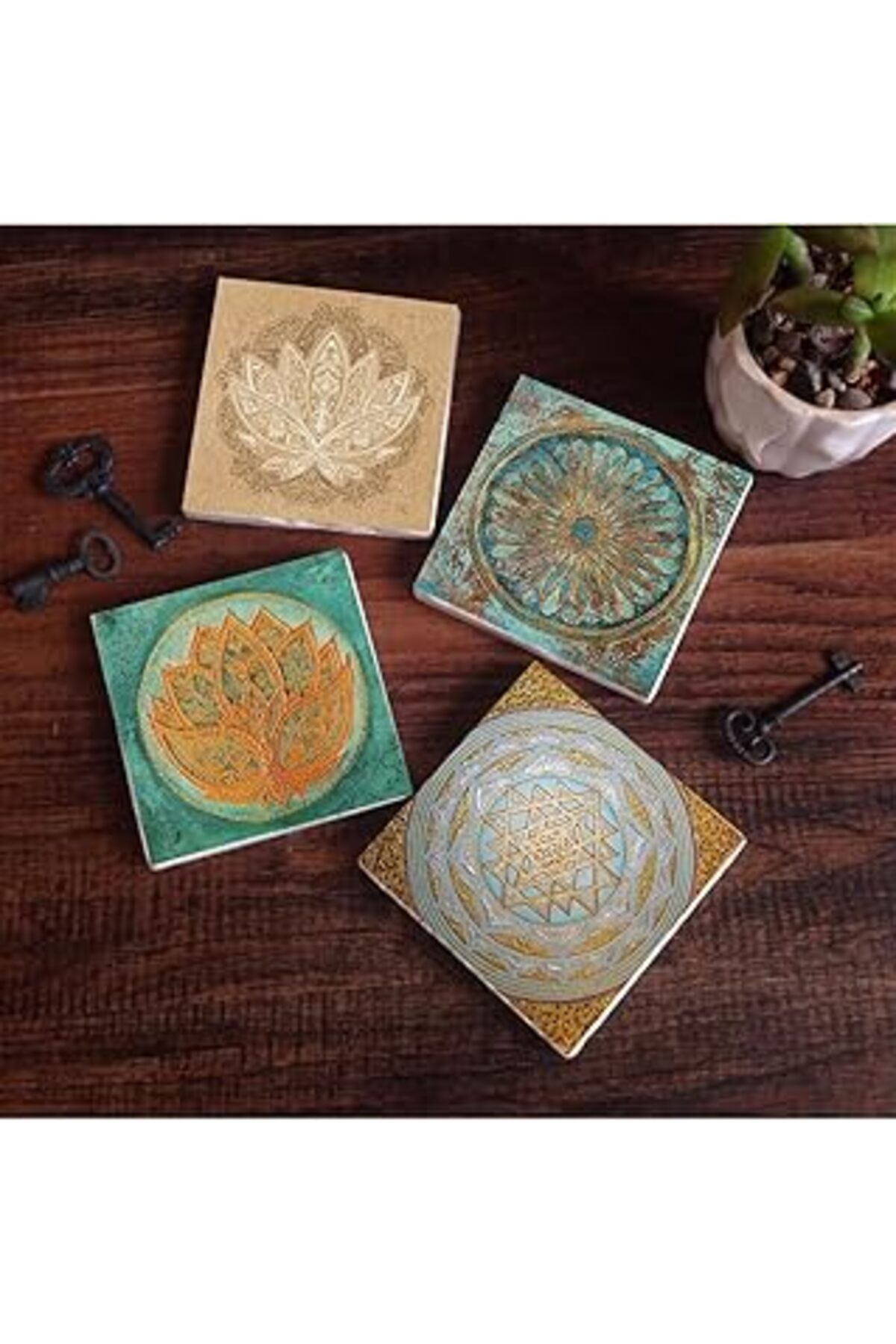 Mu Art Pinecone Yaşam Çiçeği, Lotus Çiçeği, Sri Yantra Taş Bardak Altlığı Seti - 4 Parça - Dekoratif, Rust