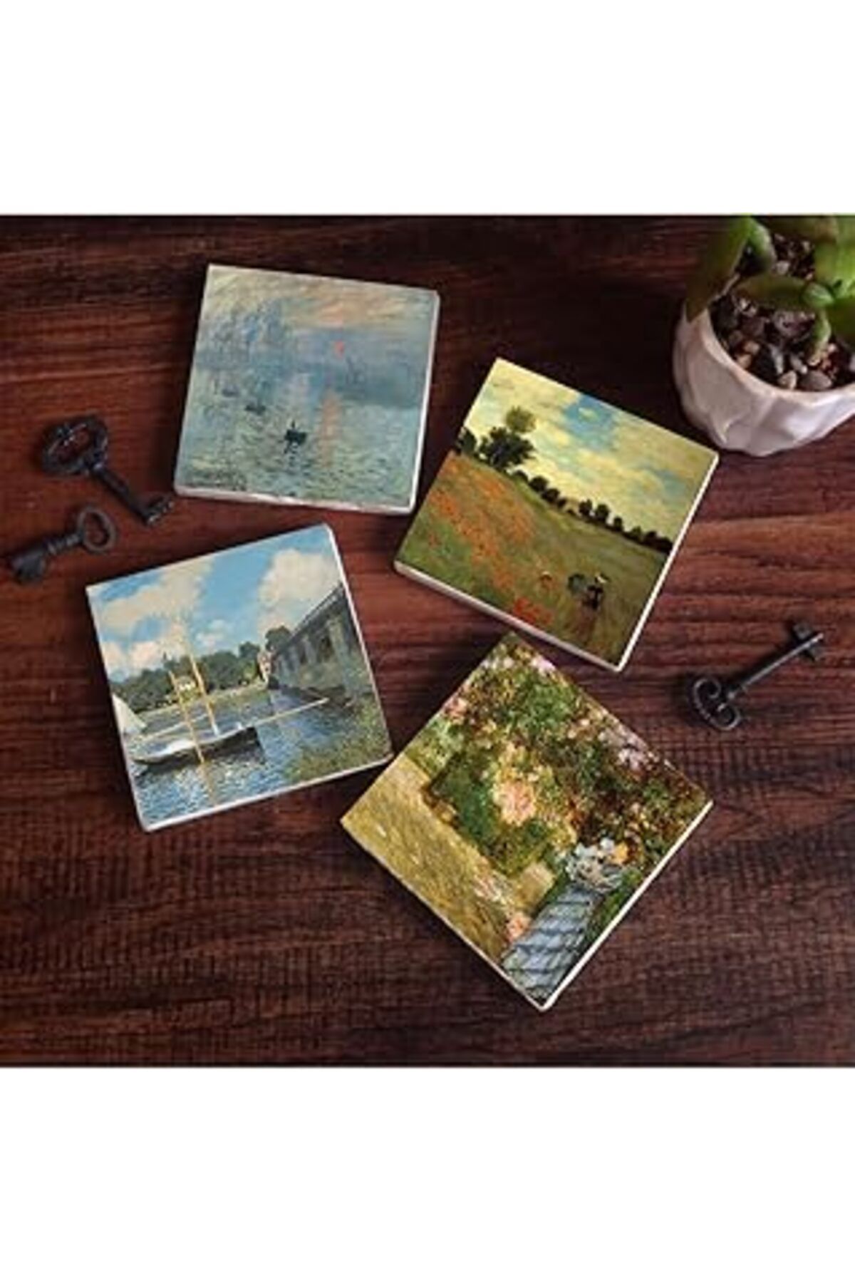 Mu Art Pinecone Claude Monet Bahçede, Argenteuil'De Köprü, Gelincikler, İzlenim Gün Doğumu Taş Bardak Altl