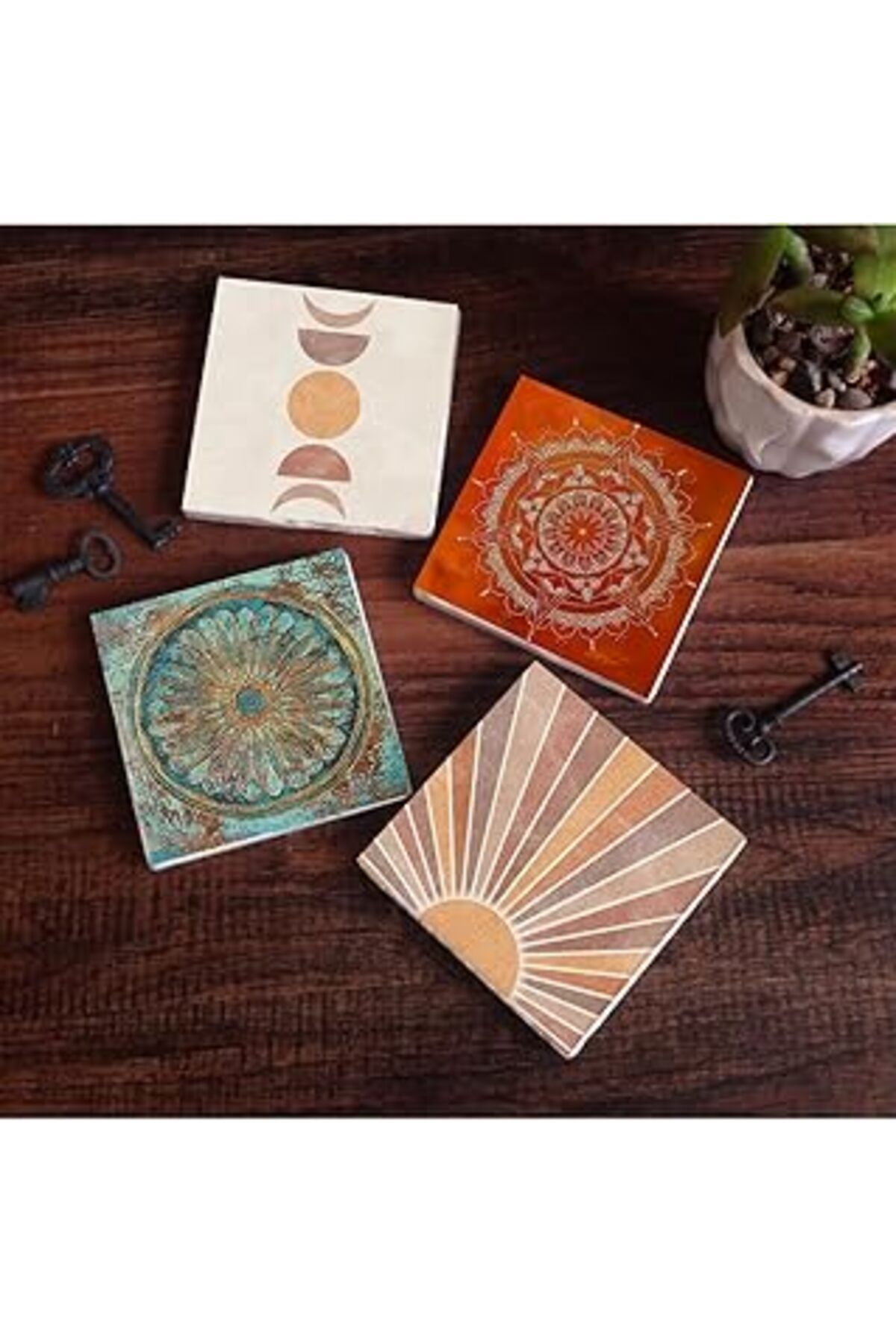 Mu Art Pinecone Minimalist Soyut, Yaşam Çiçeği, Mandala Taş Bardak Altlığı Seti - 4 Parça - Dekoratif, Rus