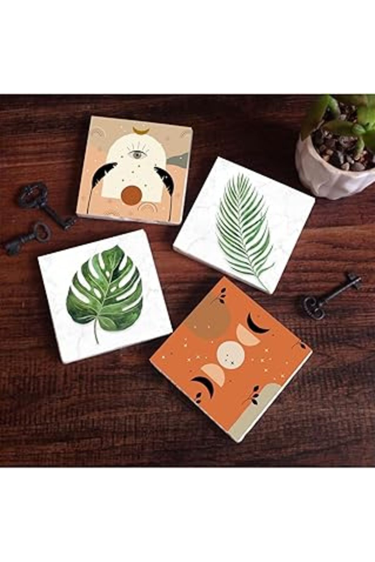 Mu Art Pinecone Bohem, Yaprak Taş Bardak Altlığı Seti - 4 Parça - Dekoratif, Rustik Mutfak Aksesuarı, 10X1