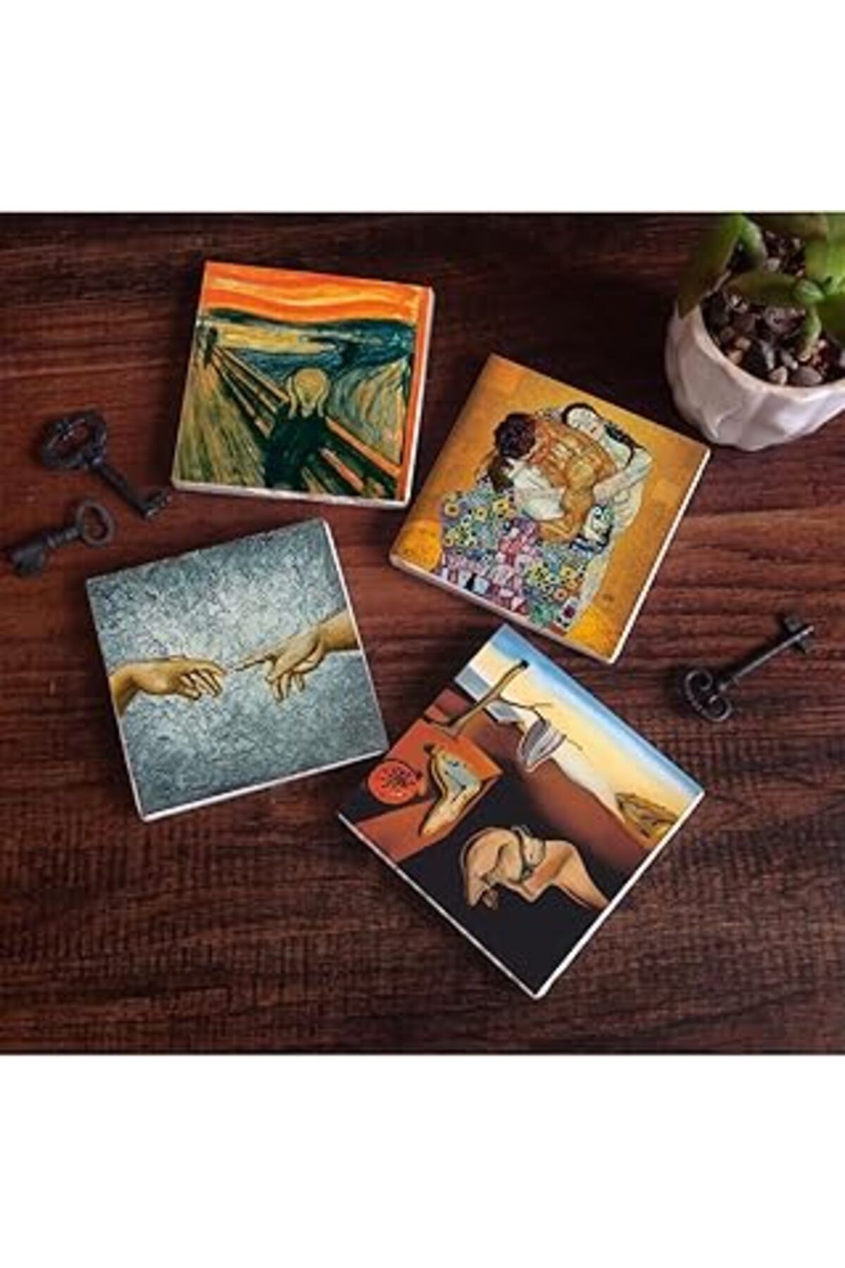Mu Art Pinecone Dalí Belleğin Azmi, Michelangelo, Çığlık, Klimt Aile Kucaklama Taş Bardak Altlığı Seti - 4