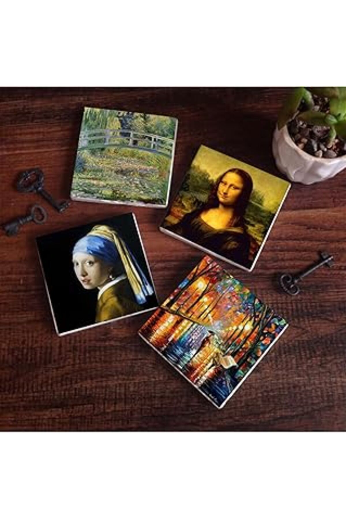 Mu Art Pinecone İnci Küpeli Kız, Fenerler, Monet Nilüfer Gölü, Da Vinci Mona Lisa Taş Bardak Altlığı Seti