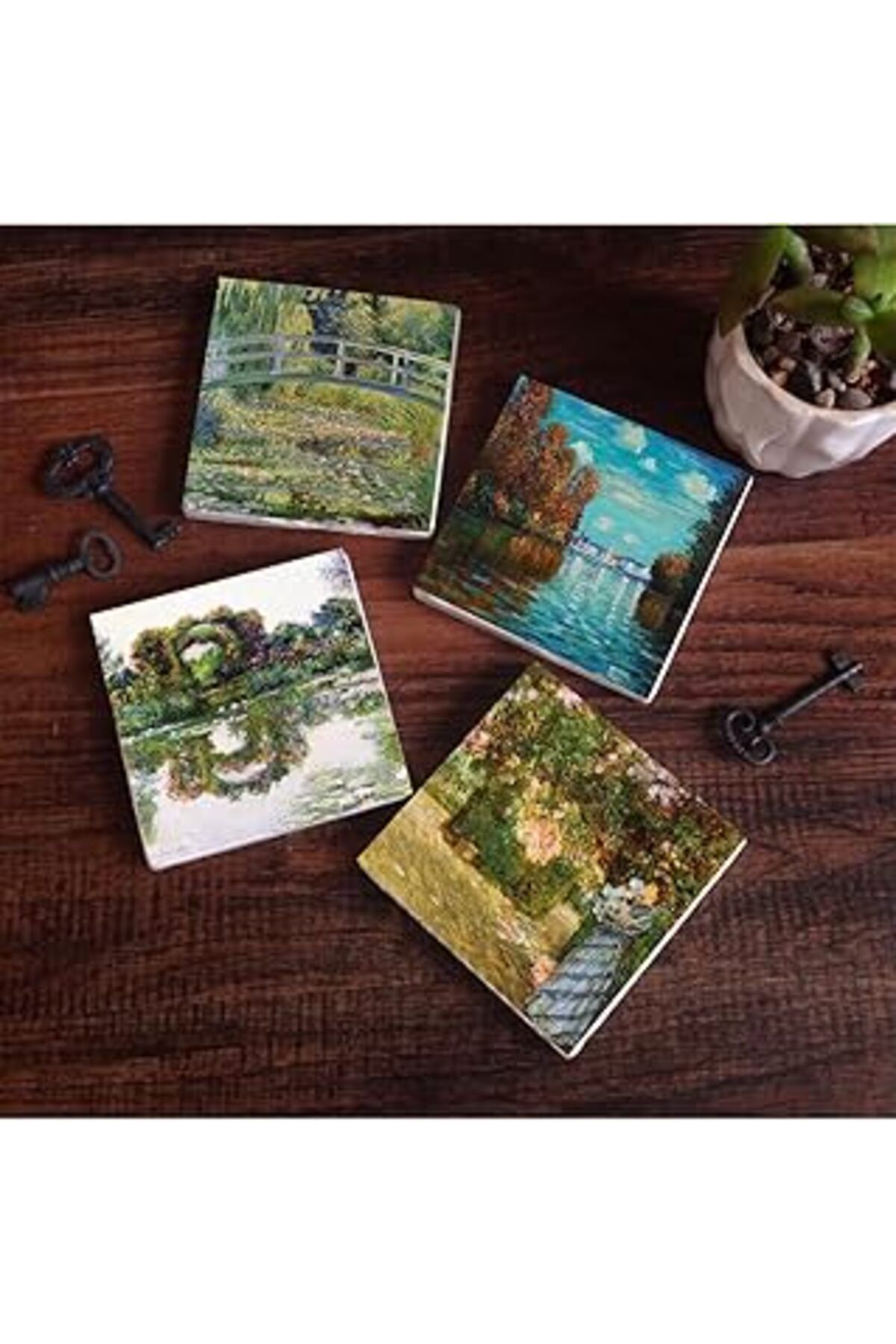 Mu Art Pinecone Claude Monet Sonbahar, Bahçede, Gül Çiçekli Kemer, Nilüfer Gölü Taş Bardak Altlığı Seti -
