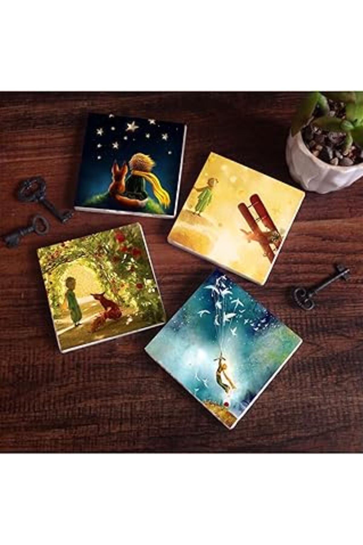 Mu Art Pinecone Küçük Prens Taş Bardak Altlığı Seti - 4 Parça - Dekoratif, Rustik Mutfak Aksesuarı, 10X10