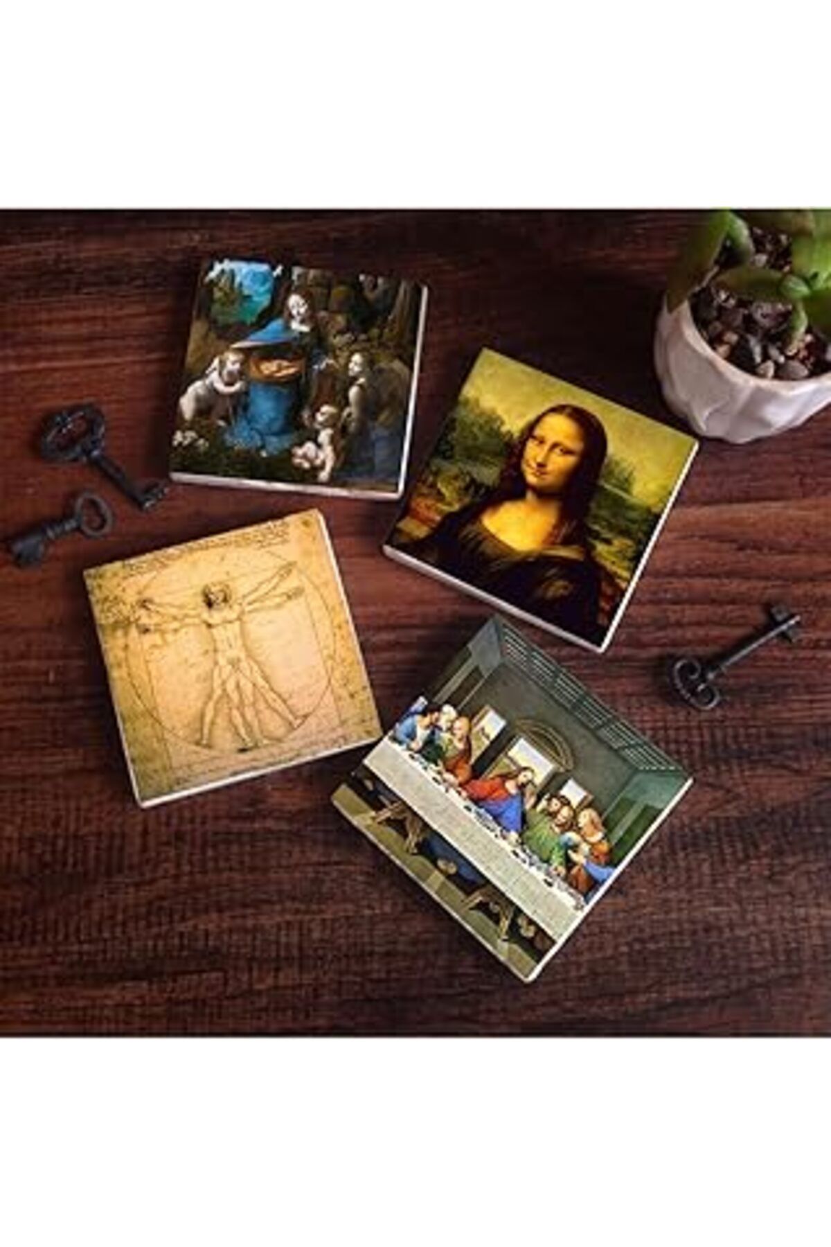 Mu Art Pinecone Da Vinci Son Akşam Yemeği, Kayalıklar Bakiresi, Mona Lisa, Vitruvius Adamı Taş Bardak Altl
