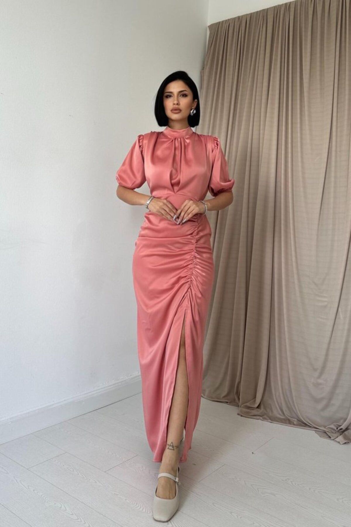 ASFSTORE Pudra Büzgülü Saten Elbise