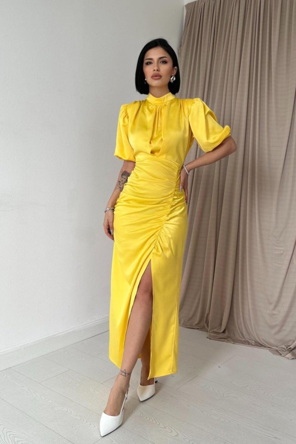 MRA Fashion Sarı Büzgülü Saten Elbise