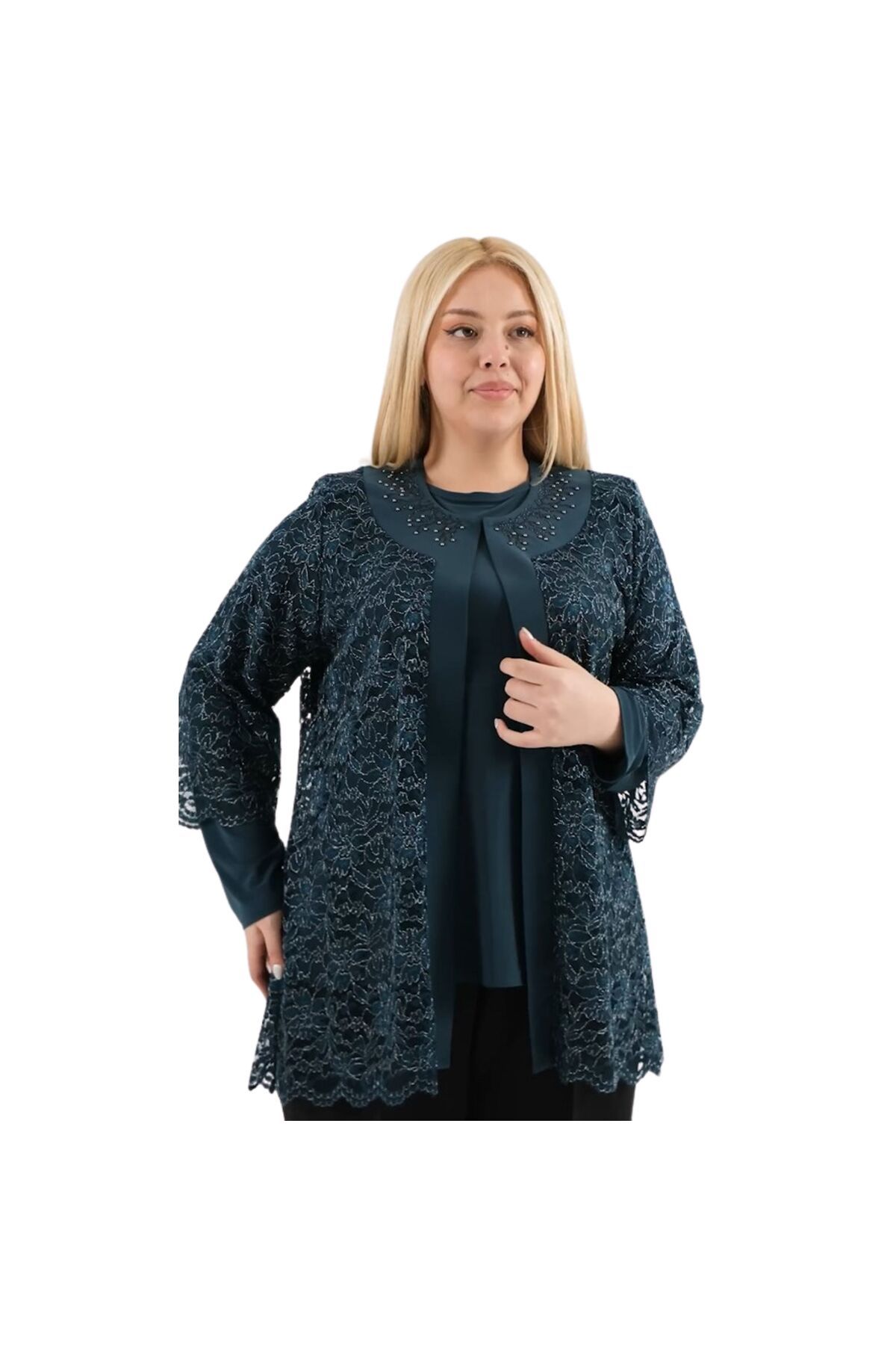 HESNA-Plus Size Lace Embroidered Mother's Top Evening Dress Suit with Stones on the Collar 1