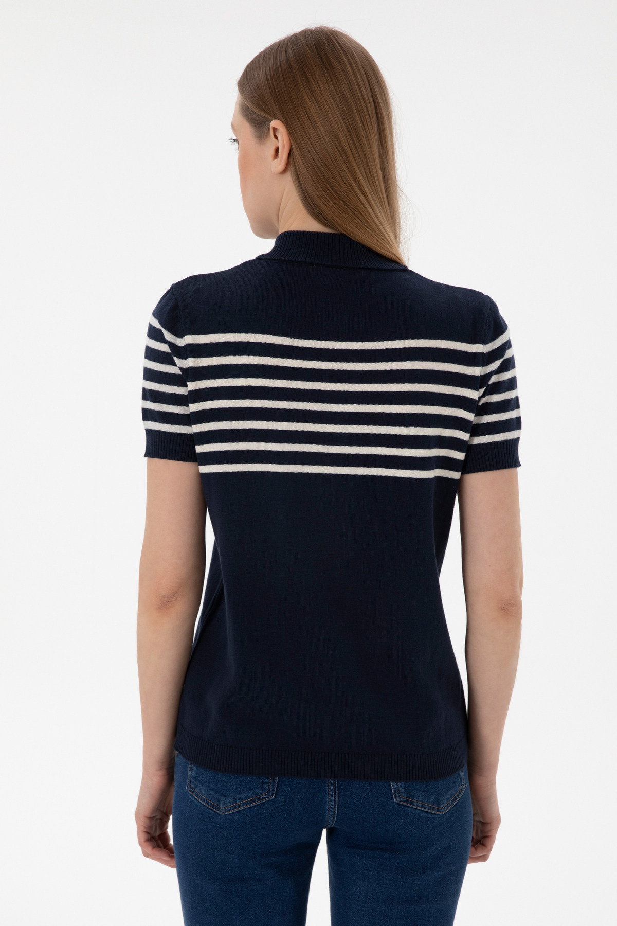 U.S. Polo Assn.  Kadın Lacivert Polo Yaka Çizgili Triko Tişört 50306479-VR033 - Görsel 5