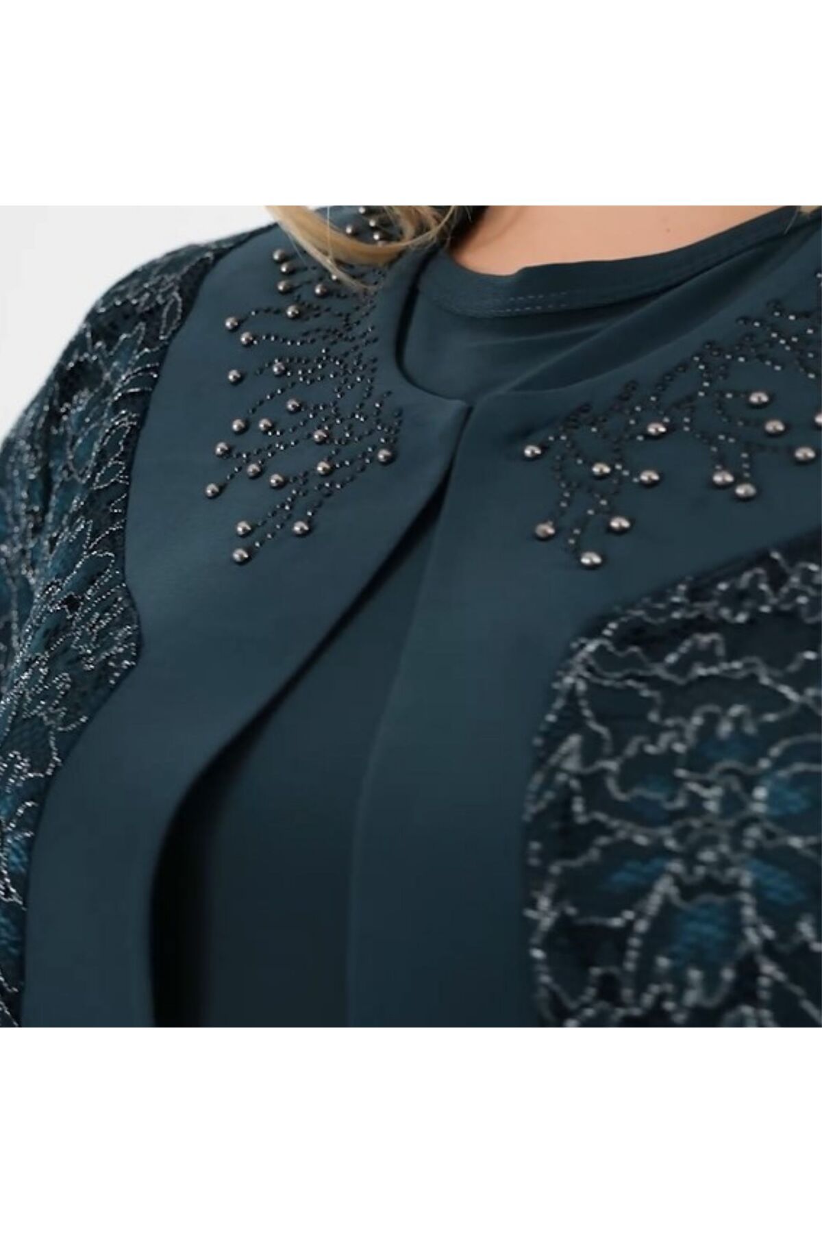 HESNA-Plus Size Lace Embroidered Mother's Top Evening Dress Suit with Stones on the Collar 2