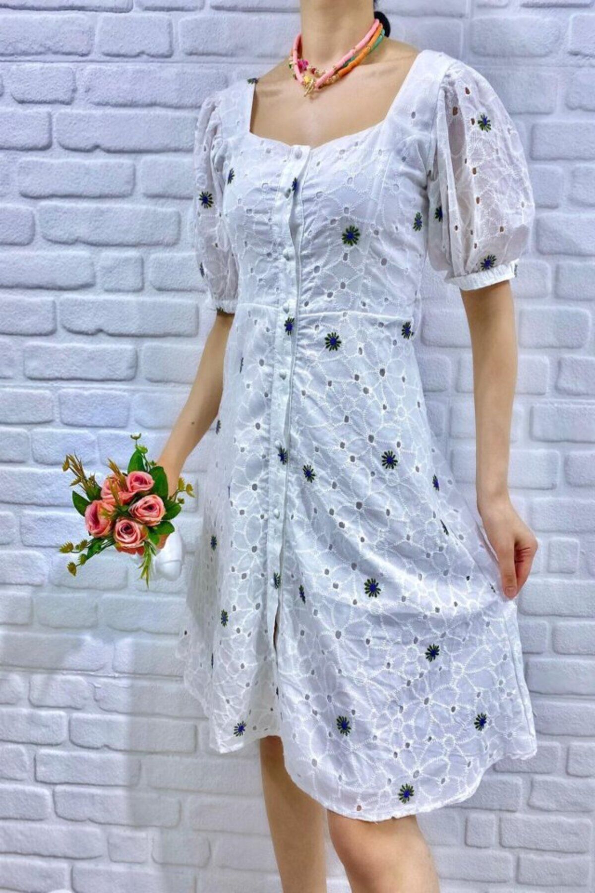 MRA Fashion Haki Kemerli Kare Yaka Elbise