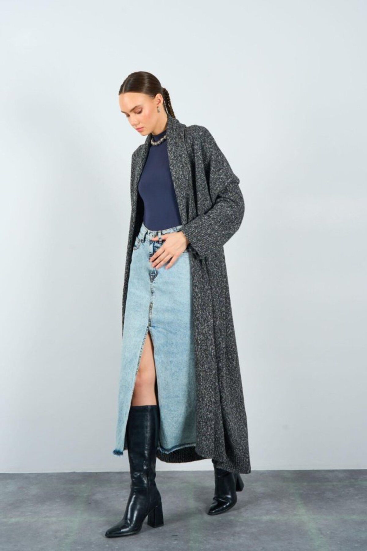 MHT STORE Önü Açık Şal Yaka Hırka - Siyah