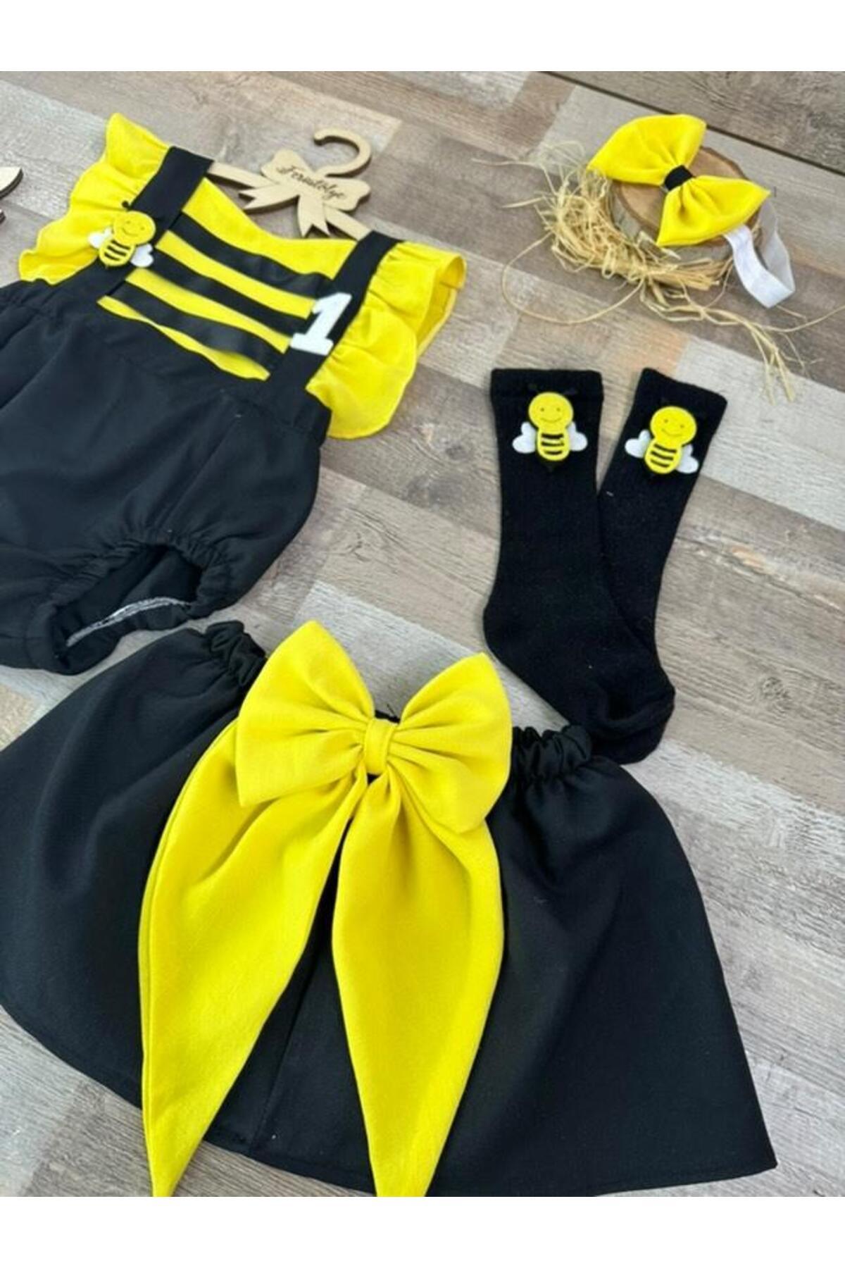 Feriatolye El yapımı arı konsepti Kız bebek romper etek toka çorap takımı fotoğrafı 3 (önizleme)
