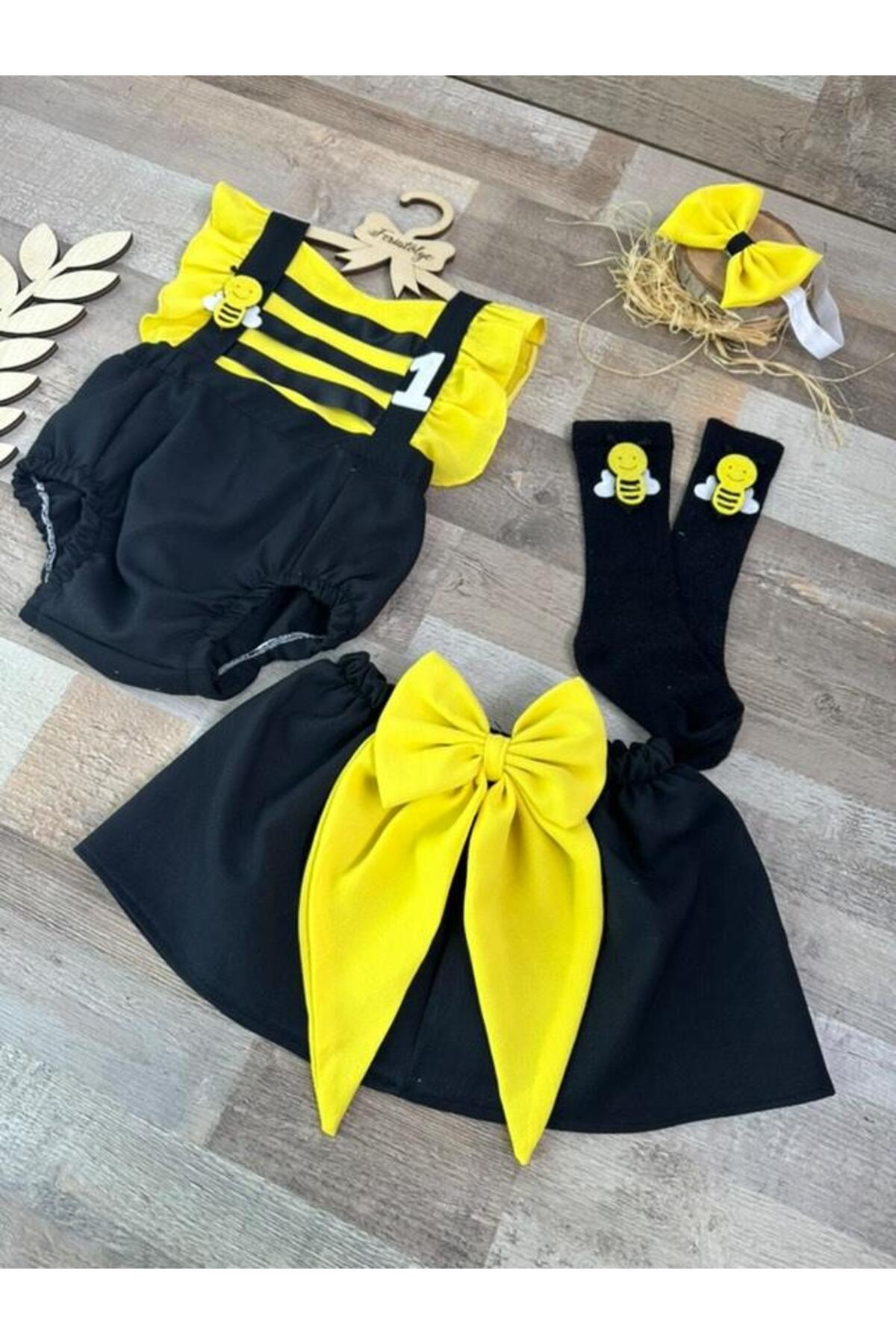 Feriatolye El yapımı arı konsepti Kız bebek romper etek toka çorap takımı fotoğrafı 4 (önizleme)