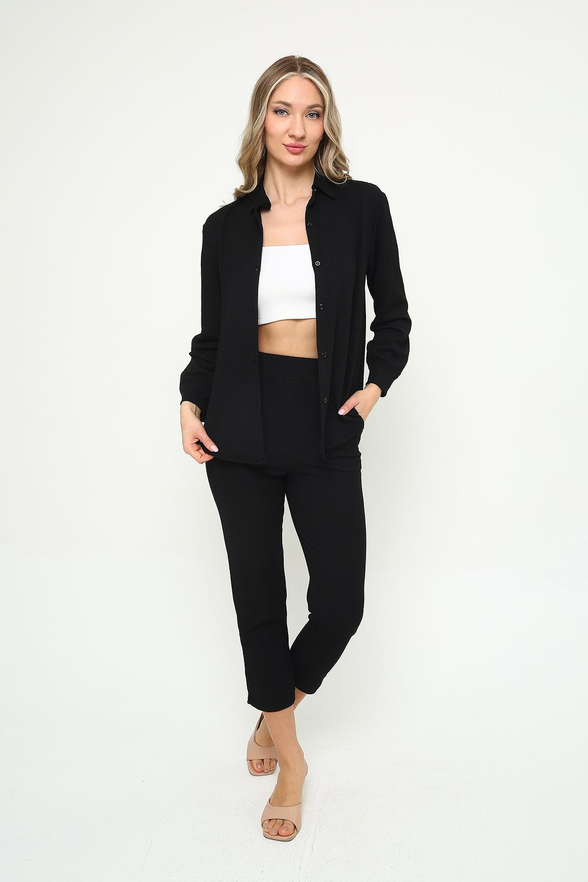 Mythologie-Women's Wrinkled Shirt Pants Set – Buttoned High Waist Twill 1