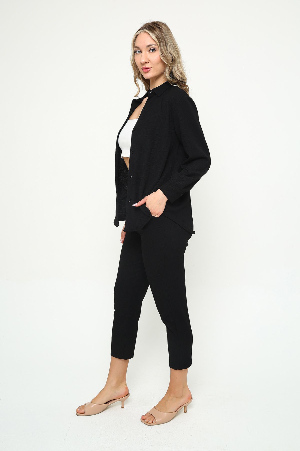 Mythologie-Women's Wrinkled Shirt Pants Set – Buttoned High Waist Twill 4