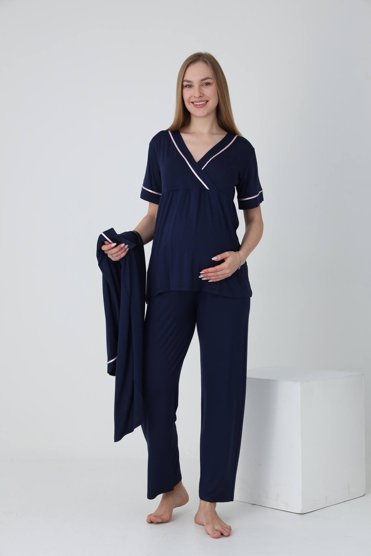 Miss Dünya Lissa Sabahlıklı Şerit Detaylı Hamile ve Lohusa Pijama Takımı fotoğrafı 2 (önizleme)