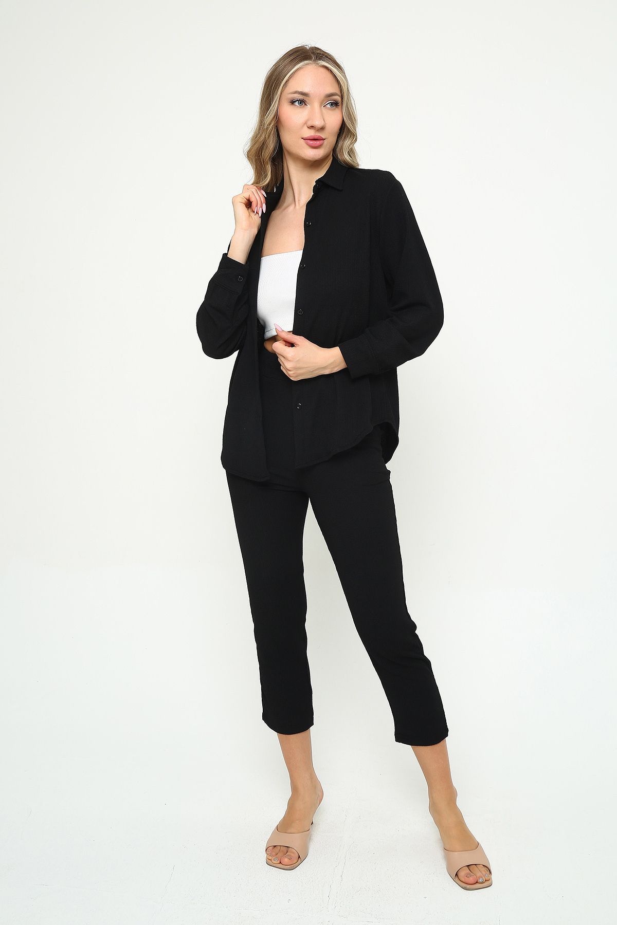 Mythologie-Women's Wrinkled Shirt Pants Set – Buttoned High Waist Twill 6