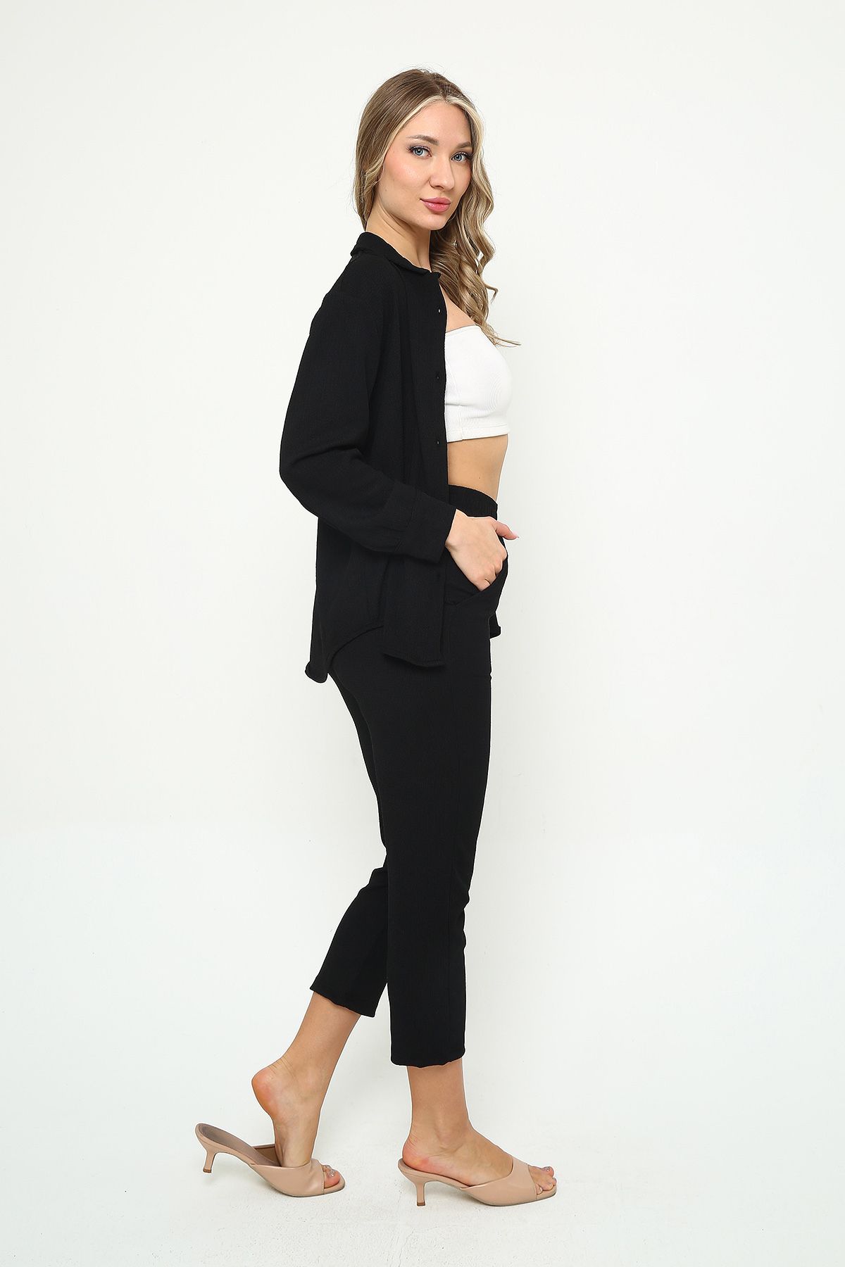 Mythologie-Women's Wrinkled Shirt Pants Set – Buttoned High Waist Twill 8