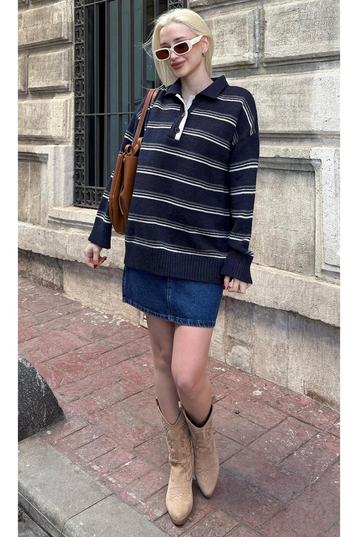 Madmext Lacivert Çizgili Düğmeli Polo Yaka Kazak Mg2357 görsel 5