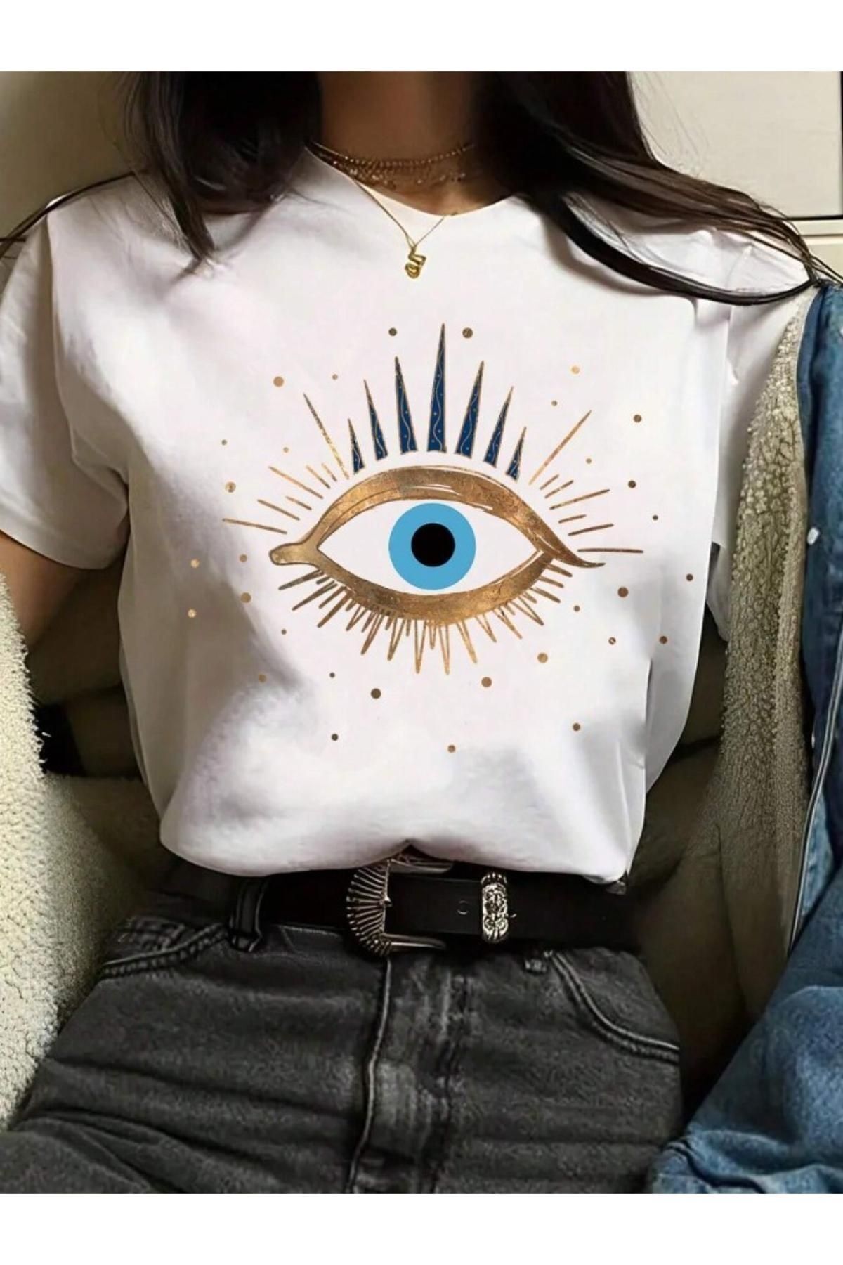 ModaSphere Kadın Beyaz Eye Baskılı Regular Tişört