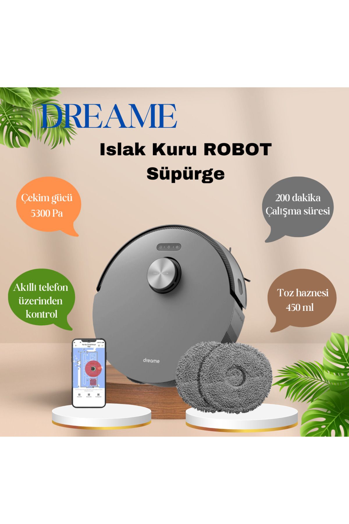 Dreame Güçlü emiş Dikkat çekici temizlik  Uyumlu Pro Robot  Süpürge Siyah