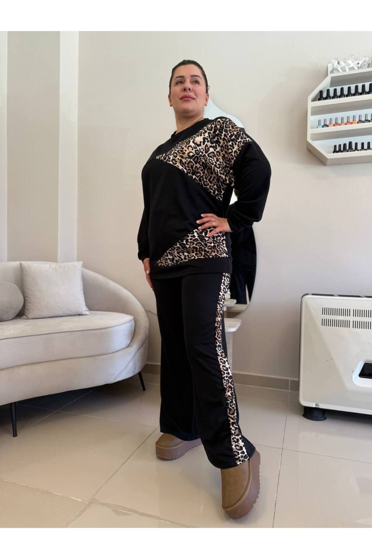garajmood-Black Triangle Leopard Detailed Large Size Bottom-Top Set 6