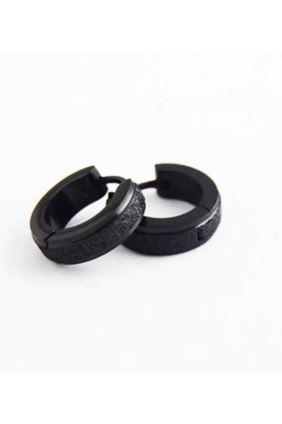 sarıyer silver-Plain Black Silvery Striped Steel Hoop Earrings 2