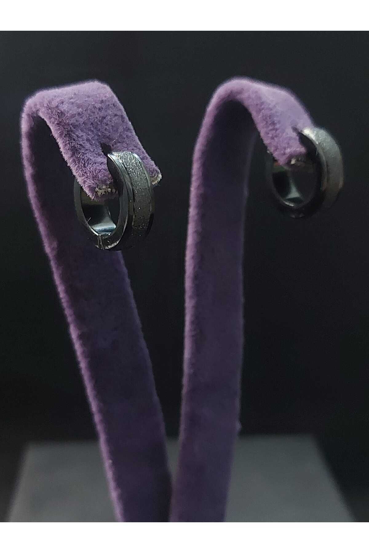 sarıyer silver-Plain Black Silvery Striped Steel Hoop Earrings 6