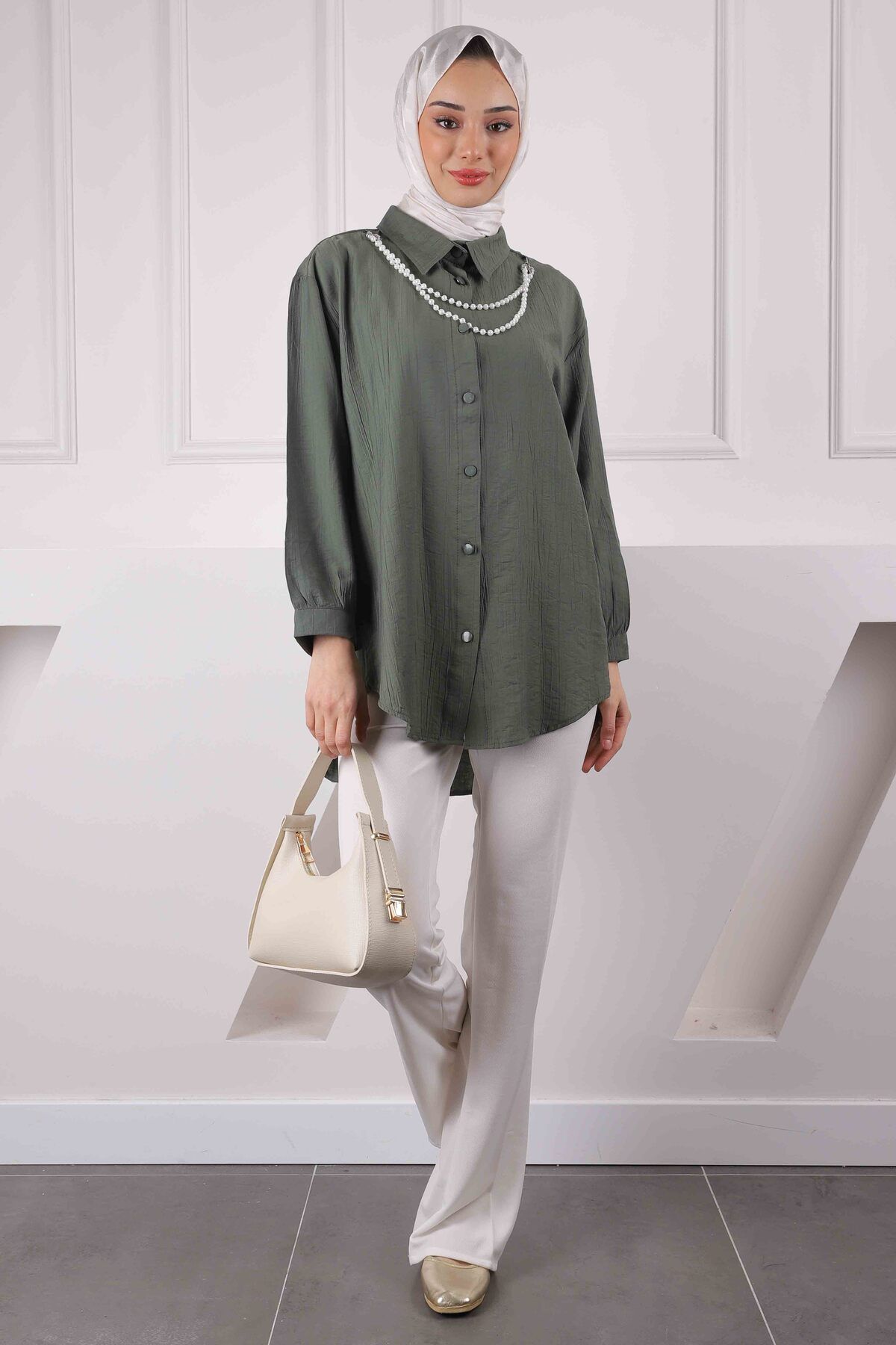 İmajButik-Khaki Pearl Necklace Shirt 2