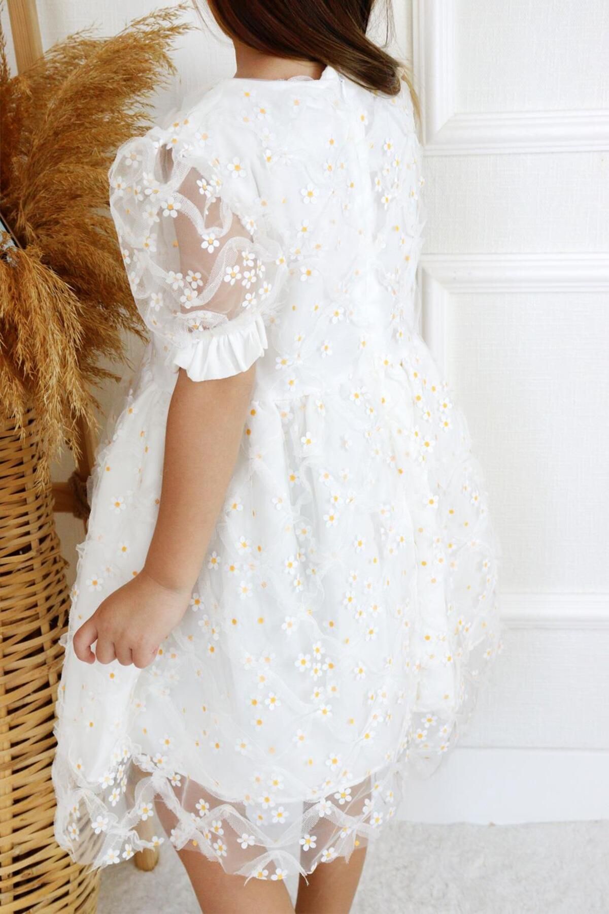 Le Mabelle-Rochie albă pentru fetiță Daisy Tulle cu mânecă scurtă - Hillary 2