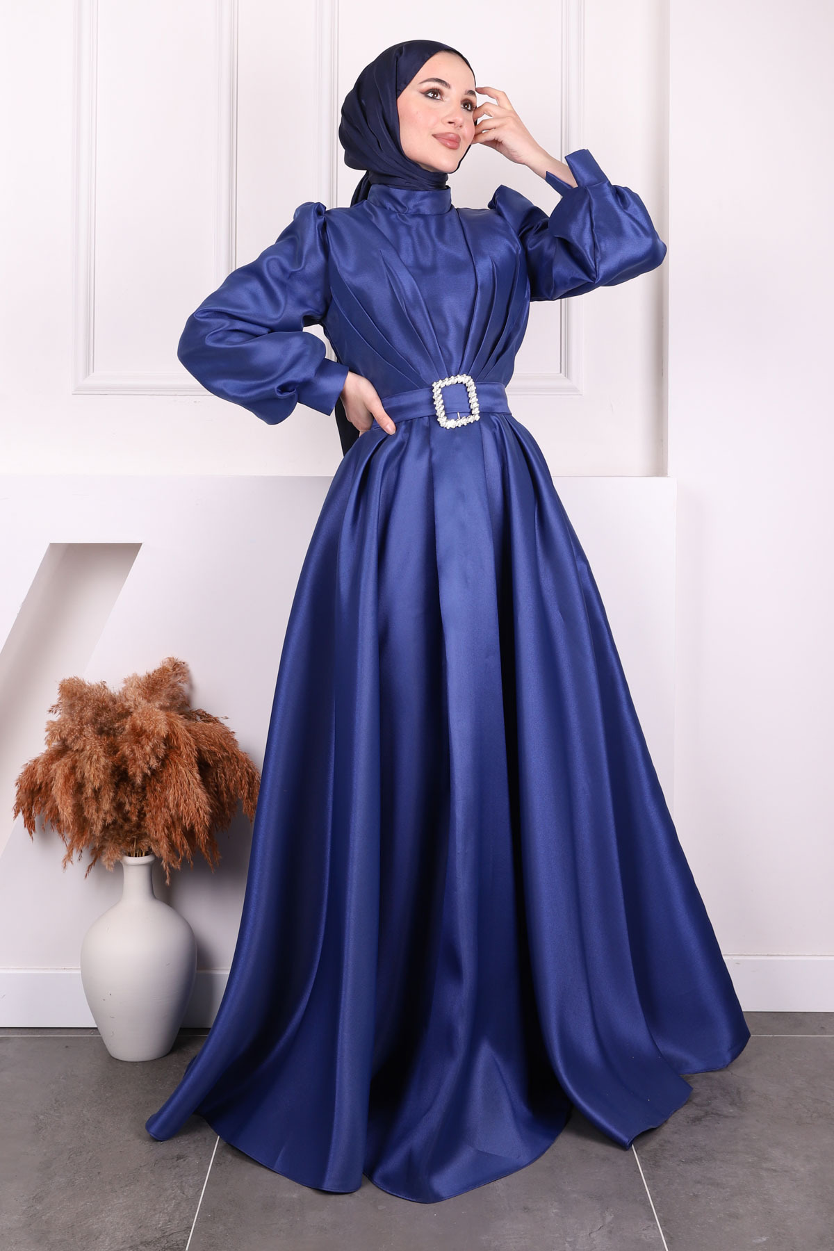 Saxe Blue Balloon Sleeve Draped Evening Dress