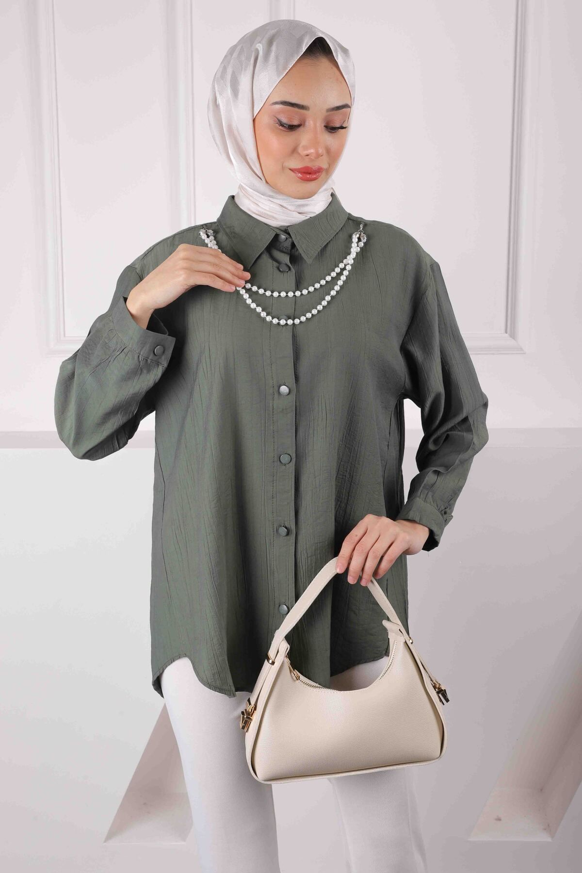 İmajButik-Khaki Pearl Necklace Shirt 1