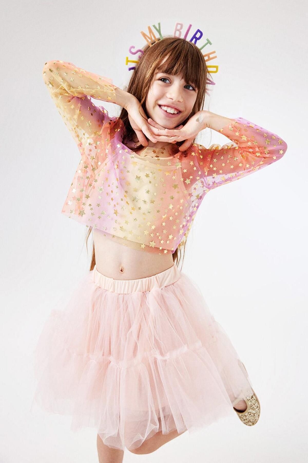 Le Mabelle-Crop Top galben cu mânecă lungă din tul înstelat pentru fete 2